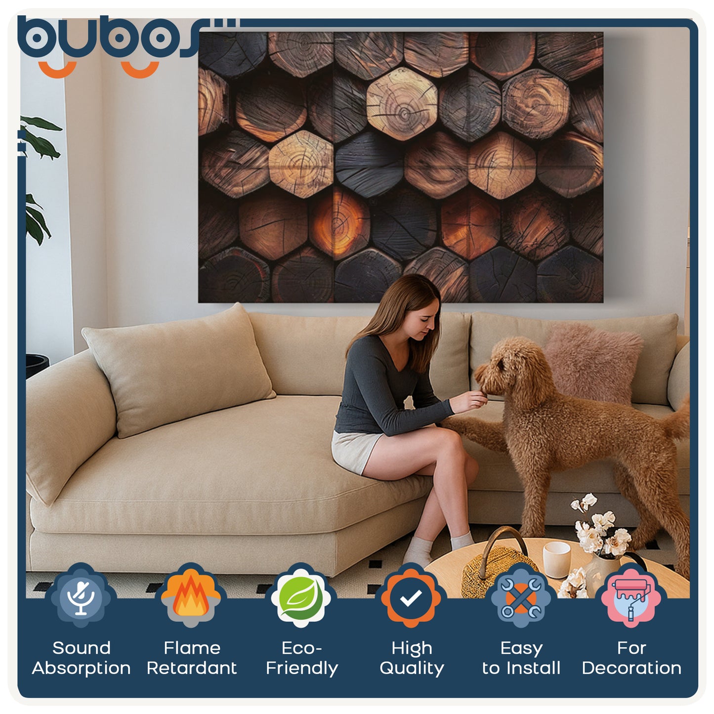 BUBOS 6 Pack Art Acoustic Panels Soundproof Wall Panel,23.6X23.6 Inches,Timber Code
